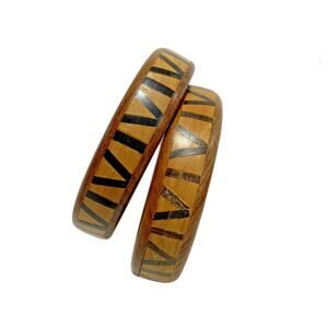 Wood Bracelets Matching Pair Wooden Chunky Tribal Boho Festival Brown & Black